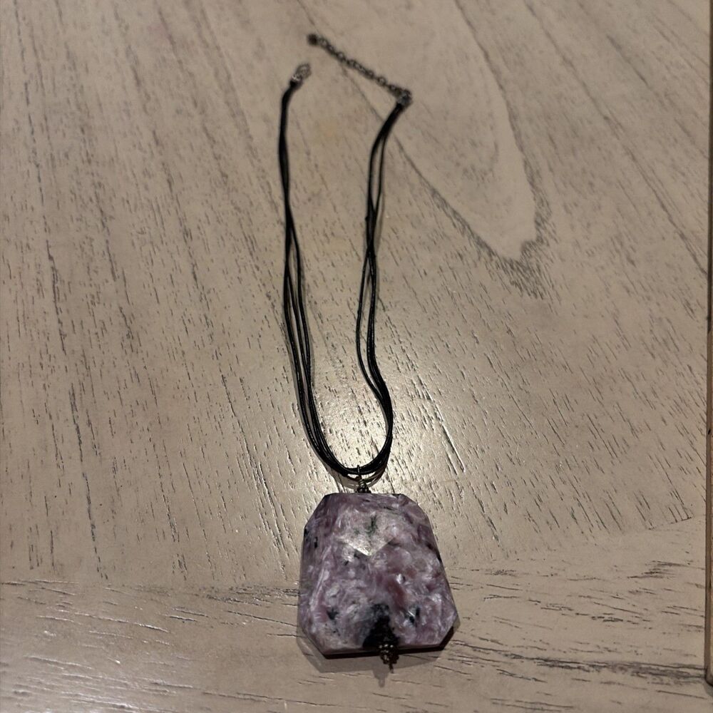 Natural Rhodonite Stone Pendent Necklace Pink Crystal Adjustable Black Cord